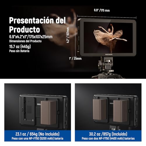 NEEWER 7" F700 Monitor Campo Cámara, Pantalla Táctil IPS 2000nit con LUT 3D, Entrada/Salida Bucle HDMI 4K con Peak Focus DSLR Video Assist HDR Waveform, Zapata Fría Mount, 2 Baterías NP-F750 y Cable - imagen 3