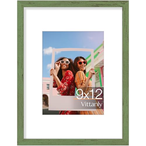 Vittanly 9x12 Picture Frame, Matted for 6x8 Photos, Rustic Green