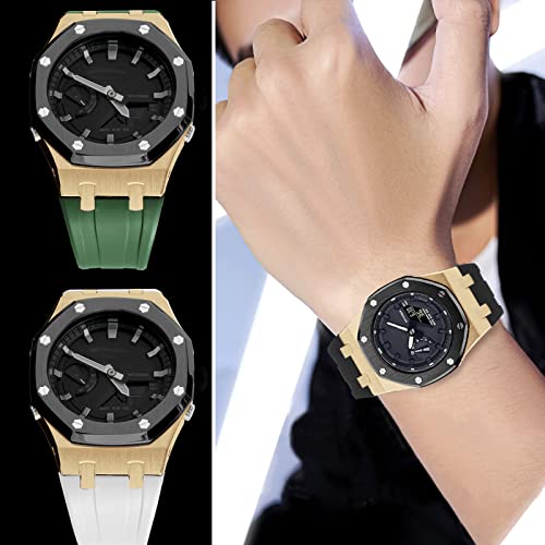 Image of GA2100 Stainless Steel Watch Case with Metal Watchband and Rubber Strap Mod Kit - Compatible with GA-2100 /GA-2110 /GA-B2100 Series - Watch Part Replacement