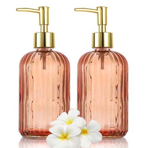 HIYAA Glass Soap, Versatile 14 Oz Dripless Pump Bottle, Refillable Liquid Hand Jar Dispenser for Bathroom, Countertop, Kitchen, Laundry Room (Amber, 2 Pack)