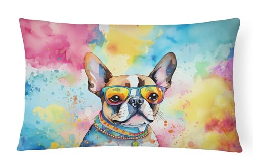 Caroline's Treasures DAC2470PW1216 Boston Terrier Hippie Dawg Fabric Decorative Pillow Machine Washable, Indoor Outdoor Decorative Pillow for Couch, Bed or Patio, 12HX16W