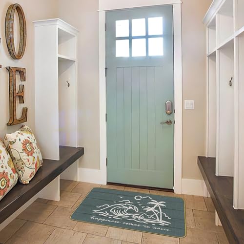 Mingnei Coastal Beach Welcome Doormat Door Mat for Home House Entrance, Happiness Comes in Waves Ocean Beach Floor Mats for Outdoor Outside Entryway Rug 30x17 Welcome Doormat Indoor - Image 2