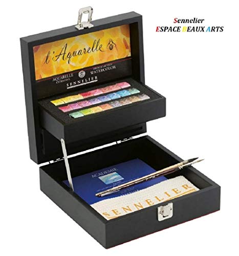 Sennelier 24 1/2 GODETS ACUARELA Extra-Fine, Caja de madera de lujo, Made in France