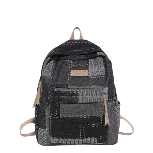 Mochila jeans vintage lavada para mulheres e adolescentes, leve e casual, Preto, Medium, Casual
