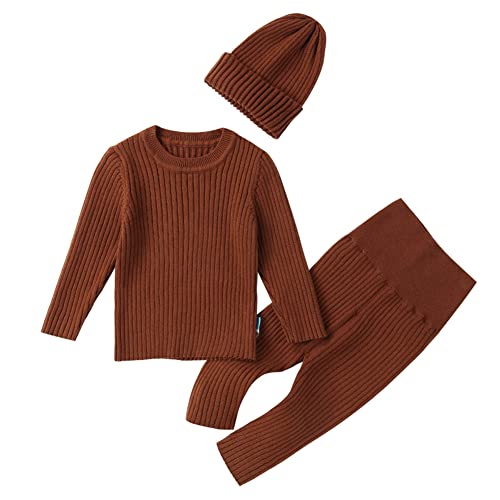 Image of Teach Leanbh Baby Boys Girls Sweater Set Ribbed Elastic Knit Clothes Outfit Set Solid Tops High Waist Pants Hat