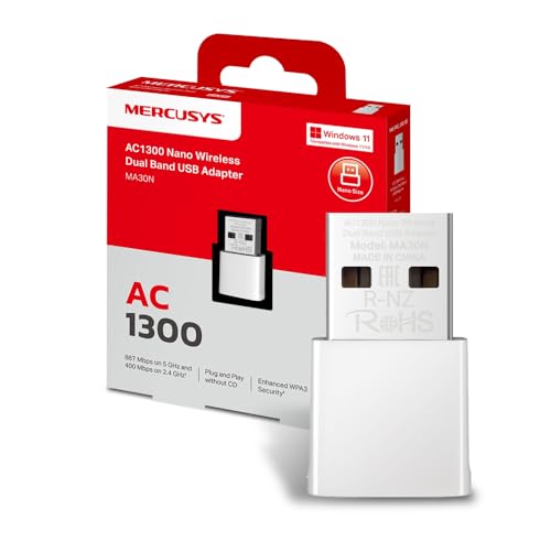 MERCUSYS MA30N TP-Link Clé WiFi AC1300Mbps,Adaptateur WiFi USB, Carte réseau, Nano Carte, Double Bande, Clé WiFi pour PC, Carte WiFi pour PC, Dongle WiFi Bi-Bande, Compatible avec Windows 11/10