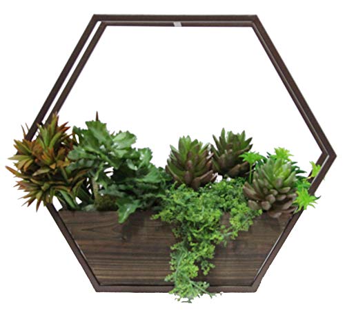 Admired By Nature Abn5E067-Br Set Of 2 Hexagon Wood And Metal Framing Wall Hanging Planters W/Hard Liners, Brown #TOP2