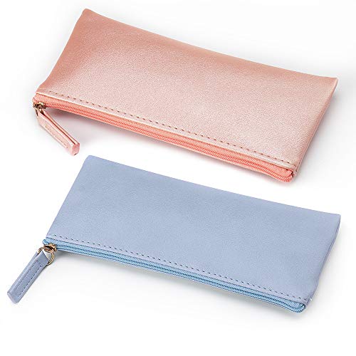 PU Leather Pencil Case with Zipper, Small Pencil Pouch, Makeup Cosmetic Pouch (Blue Pink)3