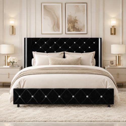 HOMBCK Queen Size Bed Frame with Silverside Wingback Headboard, Black