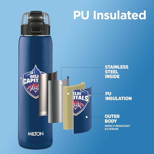 Image of Milton Sports Steel Edge 900 | DC Official Drinkware Partner I Limited Edition Delhi Capitals Water Bottle | PU Insulated Sipper with Twin Lid | Designed for Cricket Lovers I 600 ml | Blue