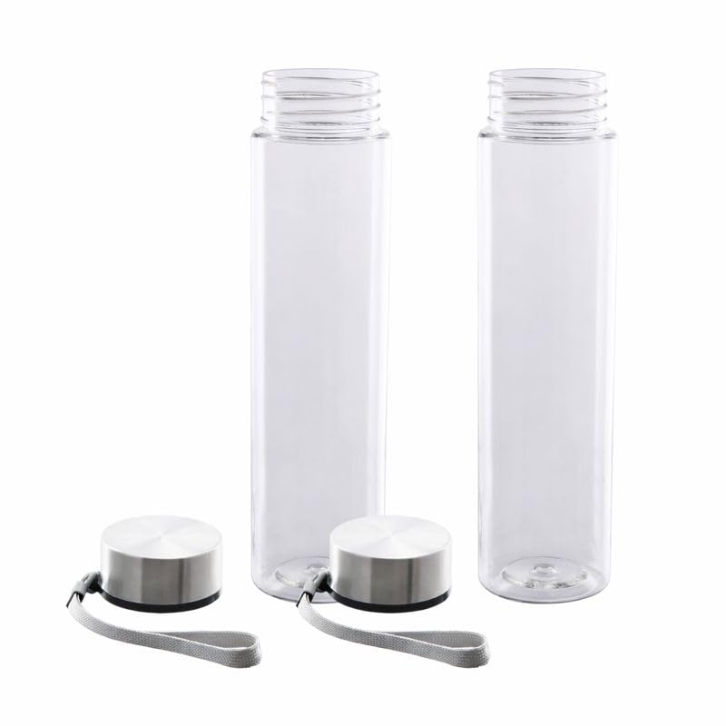 18 oz Clear Plastic Water Bottle, Wide Mouth, Stainless Steel Screw Cap Lid with Carry Strap, Reusable Hydration Bottle for Gym, Travel, Office, 2 Pack
