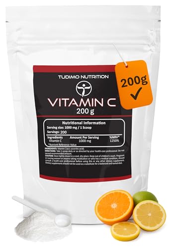 Reines Veganes Vitamin-C-Pulver 200 g 1000 mg pro Portion Hochwirksame Ascorbinsäure Großpackung Vielseitige Formel für Immunsystem & Wohlbefinden Non-GMO & Reine Qualität