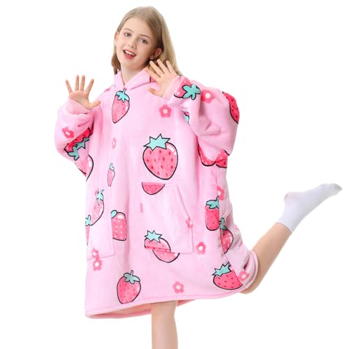 Aemicion Blanket Hoodie for Kids,Oversize Sherpa Sweatshirt Wearable Blanket with Pink Strawberry as Gift for Girls Daughter Friends