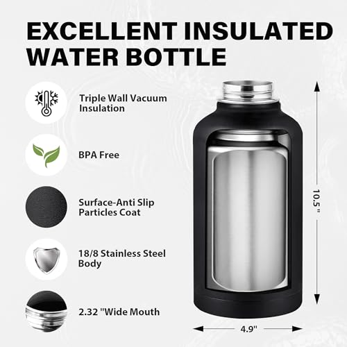 Image of Insulated Water Bottle 64 oz, Triple Wall Vacuum Stainless Steel Water Bottles (Cold for 48 Hrs), Leak Proof & Non-BPA, Half Gallon Water Flask Jug Wide Mouth Straw Lid & Spout Lid