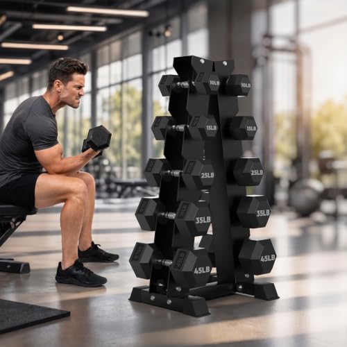 HANDBODE Hex Dumbbell Set with A-Frame Rack, 260 lb (10-45 lb)