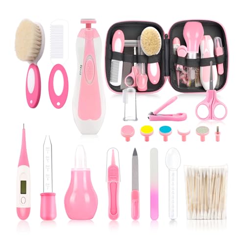 Image of Infant Grooming Essentials: Electric Safety Nail Trimmer, Nasal Aspirator, Hair Brush, Comb, Nail Clipper (27 Piece Safety Care Set for Newborns - Pink)