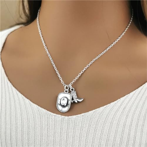 Cowgirl Cowboy Boot Hat Pendant Necklace Silver Plated Boho Personalized Texas Boots Adjustable Chain Necklace for Cool Men Western Style Country Women Birthday Party Fashion Jewelry Gifts2