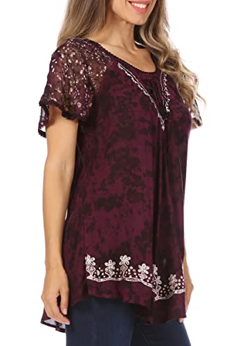 Image of Sakkas Ash Speckled Tiedye Embroidered Cap Sleeve Blouse Top with Embroidery Hems