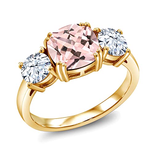 Gem Stone King 18K Yellow Gold Plated Silver Peach Nano Morganite 3 Stone Engagement Ring For Women (3.50 Cttw, Cushion 8MM, Available in Size 5,6,7,8,9)