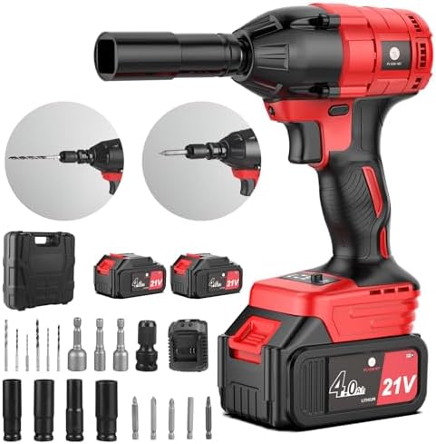 Cordless Impact Wrench,1/2 Impact Gun,Power Impact Driver Max Torque 590 Ft-lbs (800N.m) with 2x4.0Ah Battery,Fast Charger,5 Impact Sockets,8 Drill & 6 Screwdriver for Family Car and Scaffold