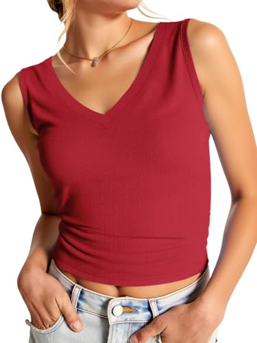 Imily Bela Womens Ribbed Tank Tops Summer Slim Fit V Neck Tops Casual Basic Knit Sleeveless Shirts Red