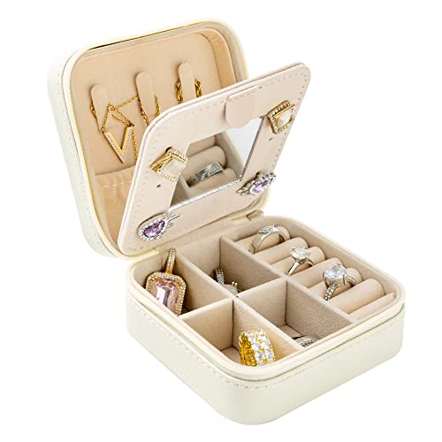 Image of KElofoN Travel jewelry case Travel jewelry box Travel Jewelry Organizer Small Jewelry Organizer Box Gift for Girls Women with Mirror(White)