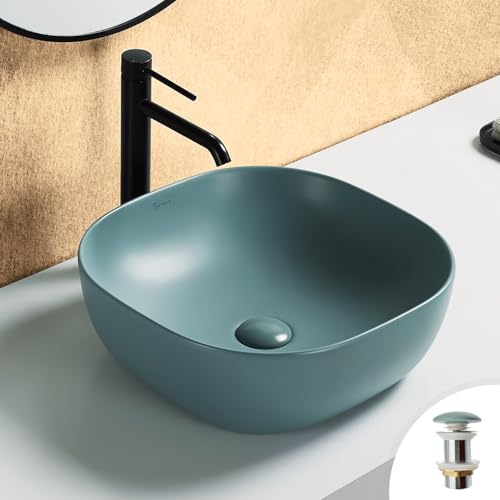 ALTANE Vasque à Poser Carrée 41 x 41cm en Céramique Vert d'Eau Mat avec Bonde Pop-up Incluse