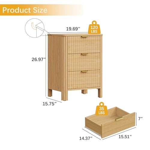 Image of Wodeer 3 Drawer Dresser for Bedroom, 20 inch W Wood Storage Cabinet with Fluted Design, Modern Chest of Drawers for Living Room, Nursery Clothing Organizer with Metal Slides, Anti-Tipping