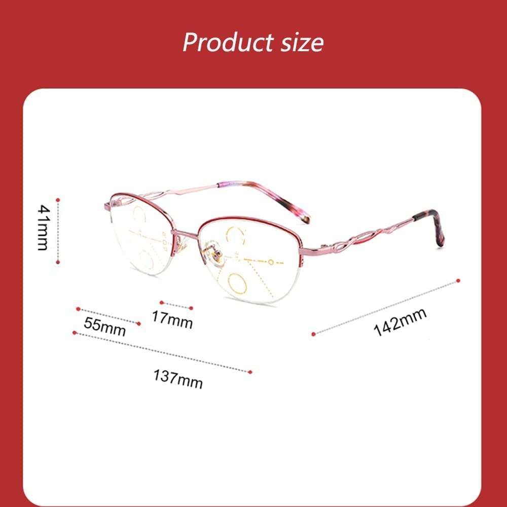 FREAZE +3.0 Rot Halber Rahmen Brille Lesehilfe Mode Damen Lesebrillen Gleitsichtbrille Mit Federscharnier Metallrahmen(Kratzfest) (Color : Silver, Size : +2.5)