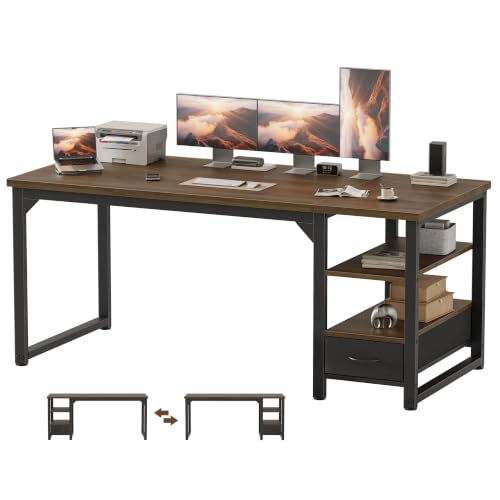 Image of Mericonia 63 in Computer Desk with Drawer, 1 inch Thick Reversible Office Desk | Large Modern Writing Table with Storage Shelves, Heavy Duty Industrial Executive Desk for Home Bedroom Study Work