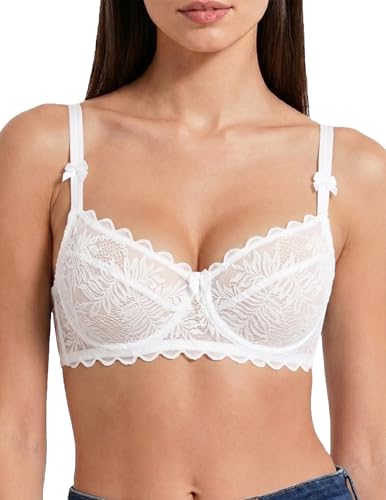 Avidlove Womens Sexy Lace Bra Balconette Underwire Unlined Sheer Mesh Bras S-XXL White