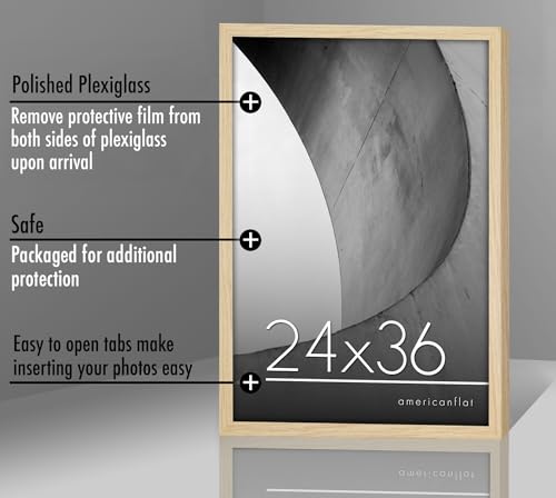 Americanflat 24x36 Poster Frame with Polished Plexiglass - Streamline Collection - Thin Border Picture Frame for Wall Display - Hanging Hardware Included - Natural Oak