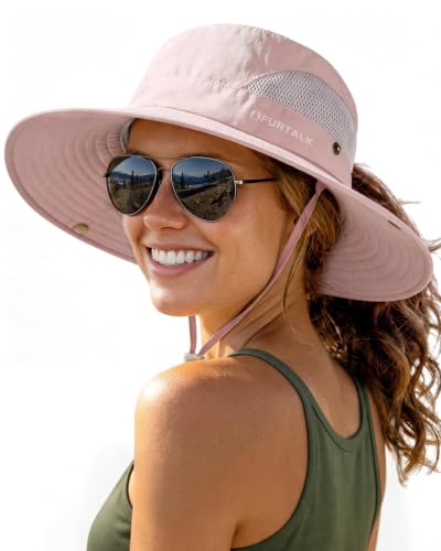 FURTALK Womens Sun Hat with Ponytail Hole Beach Hiking Summer Wide Brim UPF 50+ Outdoor Protection Foldable Bucket Hat Pink One Size