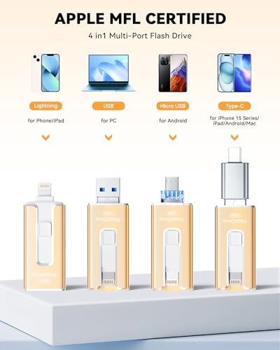 Image of MFi Certified Flash Drive for iPhone iPad 256GB, Photo Stick for External Memory Storage, Easily Back Up and Save Photos Videos, USB Memory Stick Thumb Drive for iPhone /iPad /Android /PC (Gold)