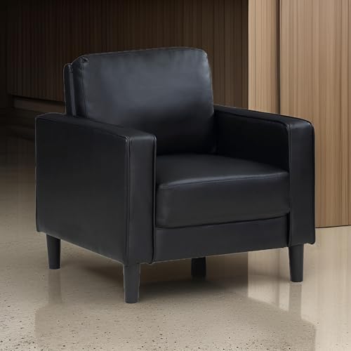 Sillón con asiento de cuero sintético y estructura de madera negro miniatura 2
