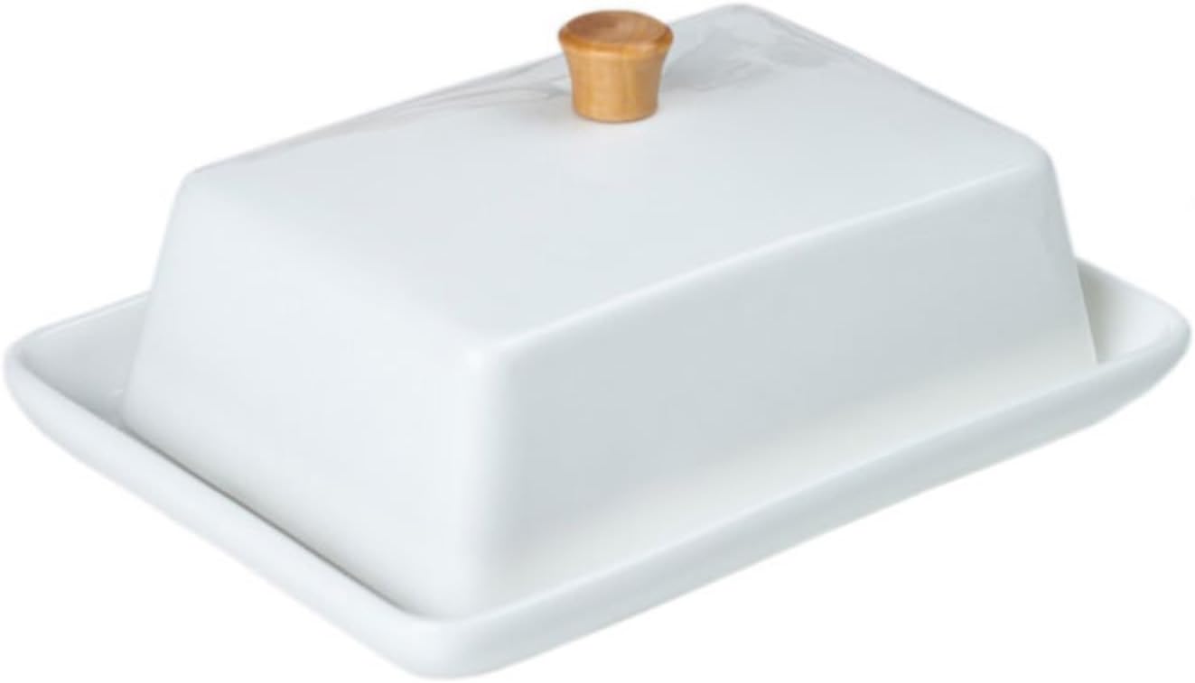 Butter Dish Creative European Style Simple Ceramic Butter Box with Lid Plate Dish Wooden Handle Snack Butter Container(8 inch)