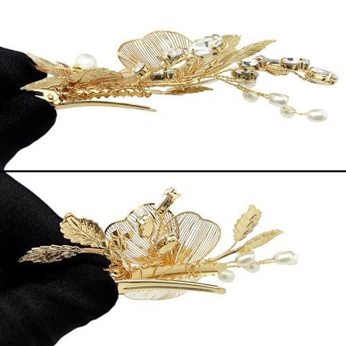 Pinzas para cabello doradas con flores y perlas de cristal, pack de 3 miniatura 6