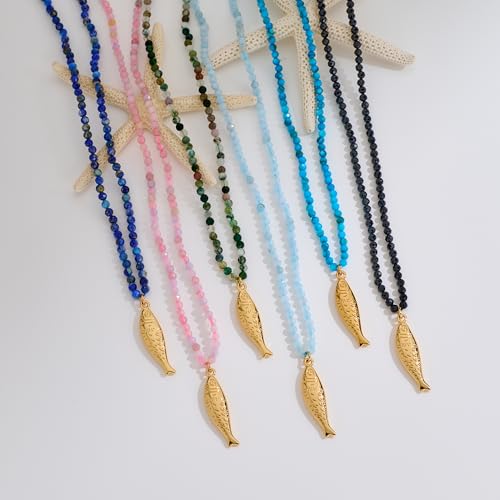 Boho Fish Necklace for Women - Blue Crystal Chain Sardine Pendant Necklaces, Bohemian Beach Jewelry | Waterproof Summer Jewelry for Swimwear & Vacation 6