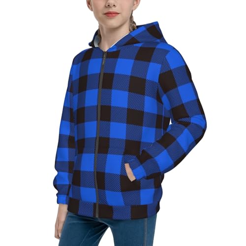 Buffalo Plaid Blue Black Kids Pullover Hoodies Boys Zip Up Sweatshirts Girls Athletic Clothes with Pocket