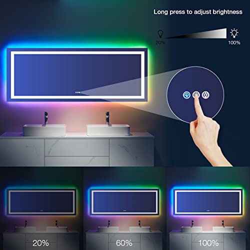LOAAO 84X32 Inch RGB LED Bathroom Mirror with Lights, Anti-Fog, Dimmable Lighted Bathroom Vanity Mirror, Colorful Multiple Light Modes, RGB Backlit + Front Light, Memory Function, Tempered Glass