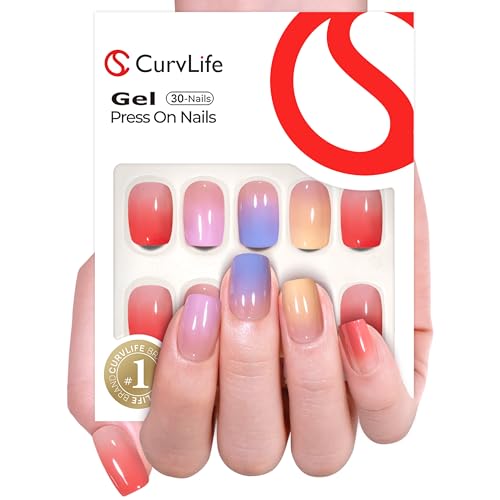 Image of Curvlife Short Square Press On Nails Candy Colours Fake Nails Tips Design Glossy Acrylic Nails Stick On Nails Tips Glue On Nails For Women