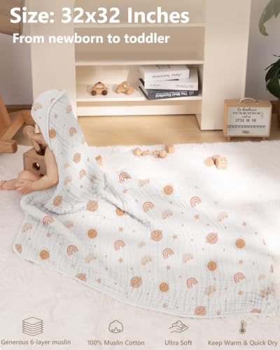Image of Baby Bath Towels, 100% Muslin Cotton Hooded Baby Towels for Newborn, 2 Pack Baby Towels with Hood for Infant Toddler and Kids, Large 32x32Inch Bath Essentials, Soft and Absorbent Orange Rainbow