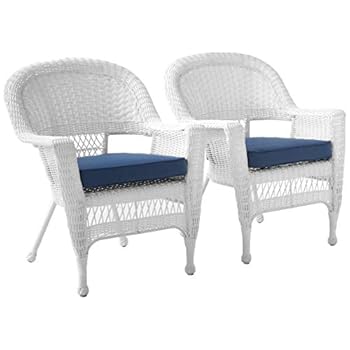 Alternative view of Jeco Wicker Chair with Blue Cushion, Set of 2, White/W00206-