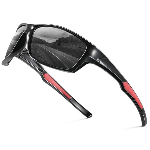 suoso Sportbrille-Herren-Damen-Sport Sonnenbrille-Polarisierte-UV400 Schutz-Sunglasses-Men-Women-Sonnenbrille Schwarz-Fahrradbrille-Rennrad brille,3-Schwarz-Rote Beine