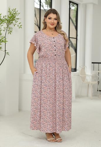 Image of Nemidor Womens Plus Size Boho Ditsy Floral Print Casual Smocked Flared Maxi Long Dress with Pocket