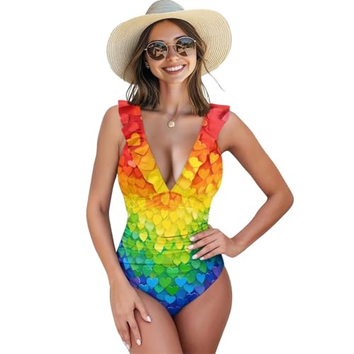 Suhoaziia Traje de baño de una pieza con volantes para mujer, con control de abdomen, adelgazante, cuello en V, traje de baño fruncido, monokini, talla grande, Escamas de corazón arcoíris, XL