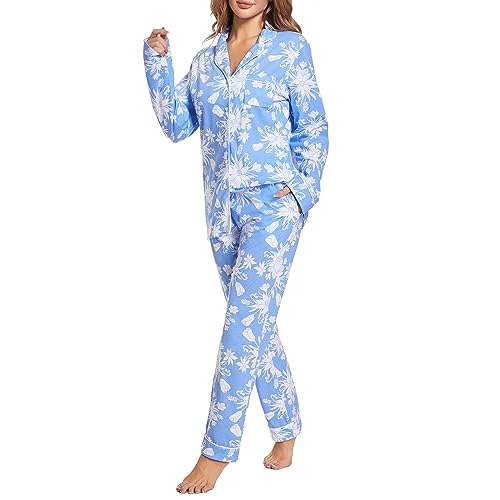 Image of Tugege Pajamas Set Long Sleeve Sleepwear Womens Button Down Nightwear Pj Sets(Blue Lotus-Blue Lotus)