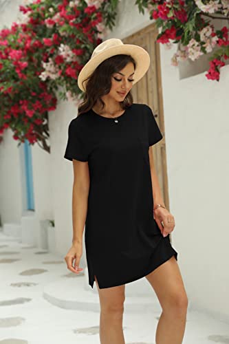 Ladiyo Women T Shirt Dress Summer Fashion Mini Dress Crew Neck Short Sleeve Dress Solid Color Casual Dress with Pocket3