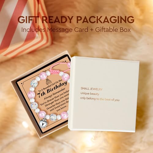 Heart Pearl and Rhinestone Balls Pink Adjustable Bracelet&Card Birthday Gifts for age: 5-9 Year Old Daughter Daughter Big Sister Teen Girls Granddaughter Niece,Back to school Easter Gifts-624