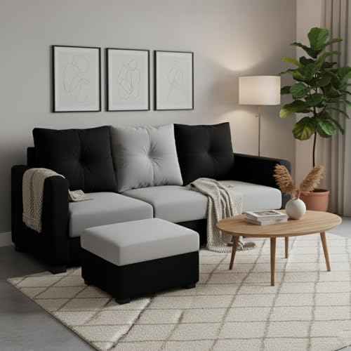 Image of FURNY Amonster 4 Seater L Shape Sofa Set with Movable Ottoman | Flexible Left or Right Layout | Plush Velvet Fabric (Black-Light Grey) | Perfect for Living Room, Guest Room & Office